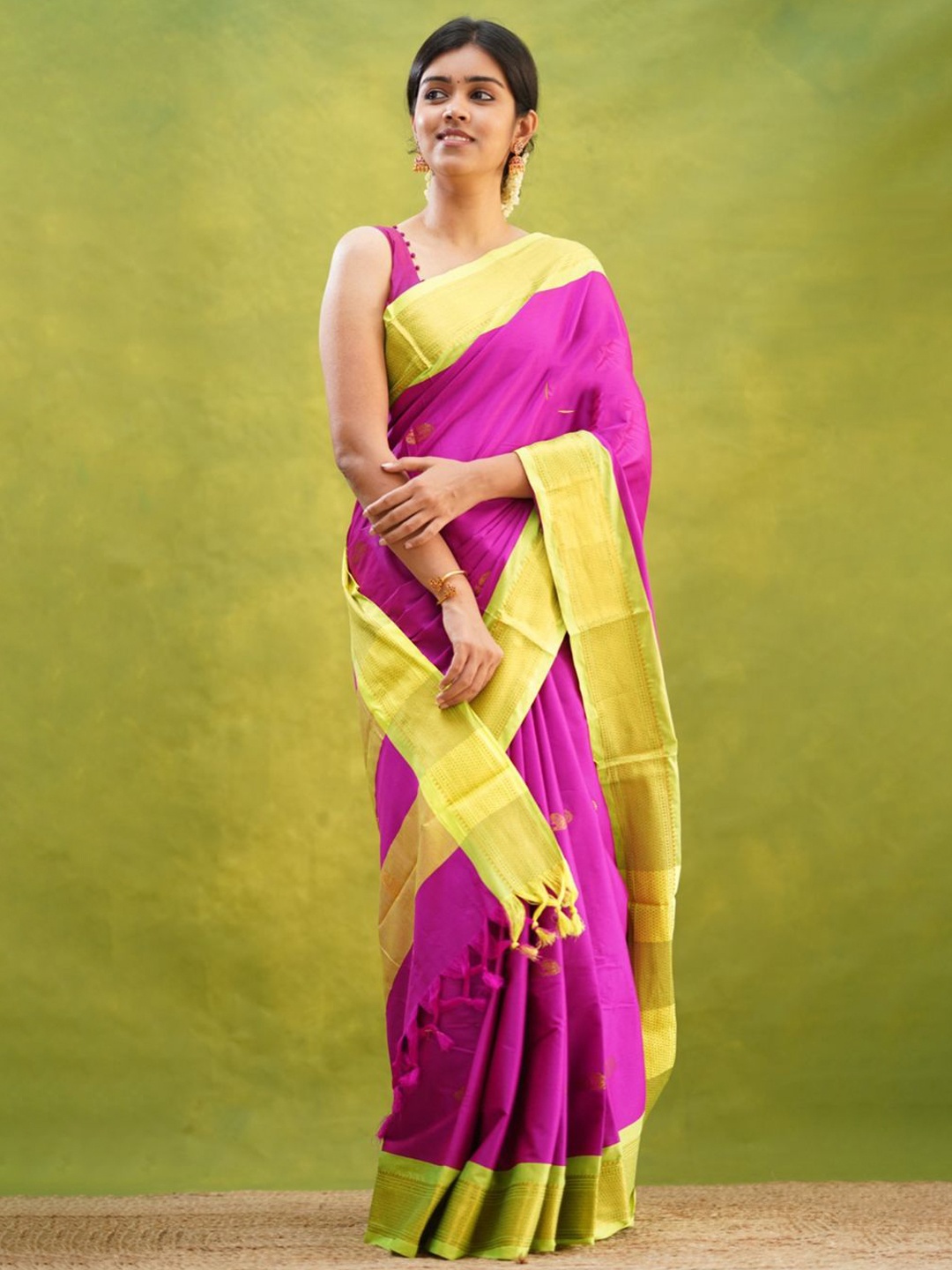 

yourwish Ethnic Motifs Zari Silk Cotton Kanjeevaram Saree, Pink