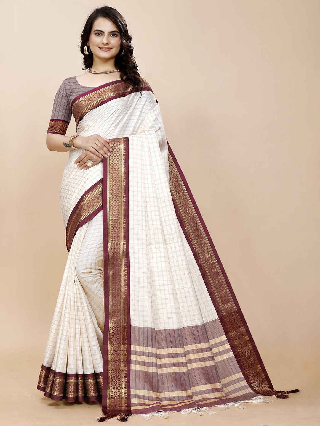 

Fashion FRICKS Checked Zari Silk Cotton Saree, White