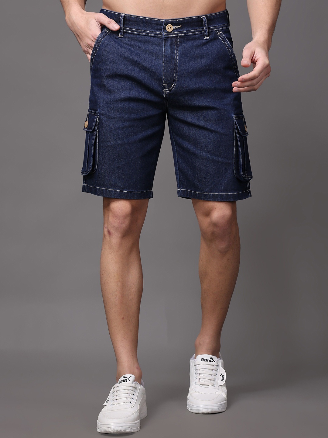 

ZAYSH Men Regular Fit Mid-Rise Denim Shorts, Navy blue