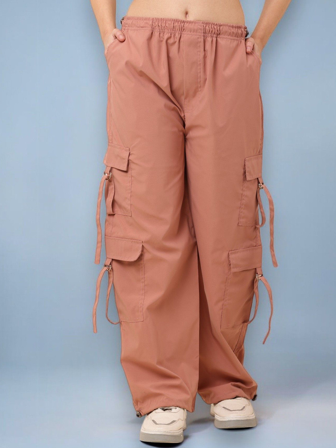 

SQew Women Comfort Loose Fit High-Rise Wrinkle Free Cargos Trousers, Peach
