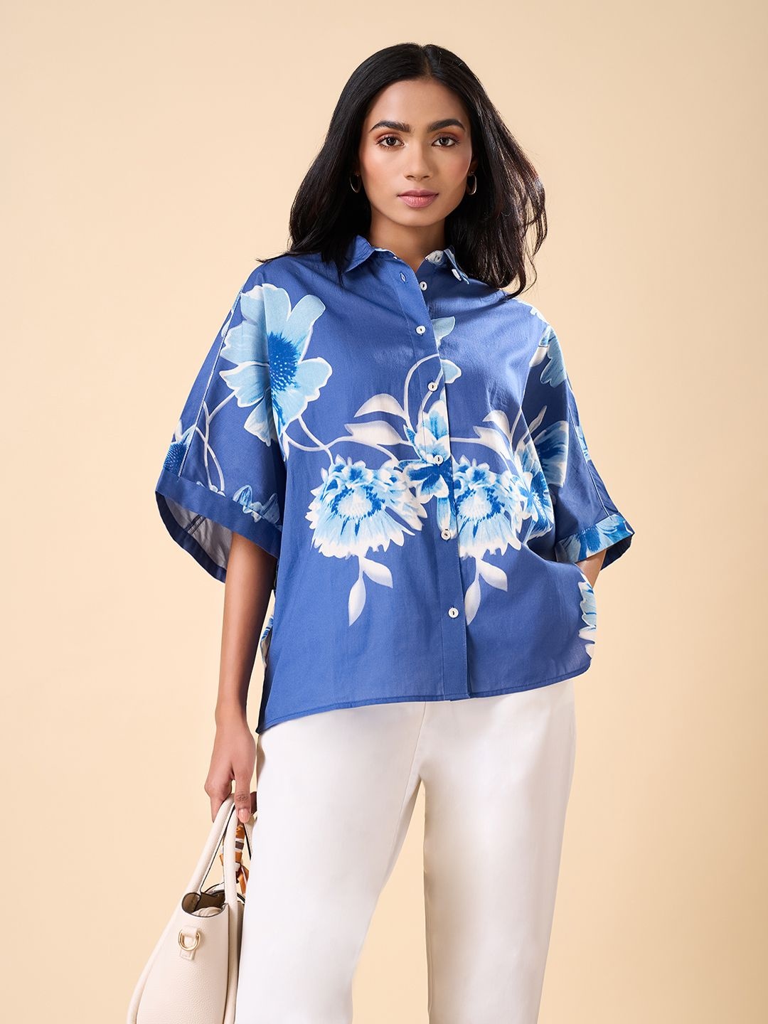 

Marigold Lane Women Floral Printed Shirt Style Cotton Top, Blue