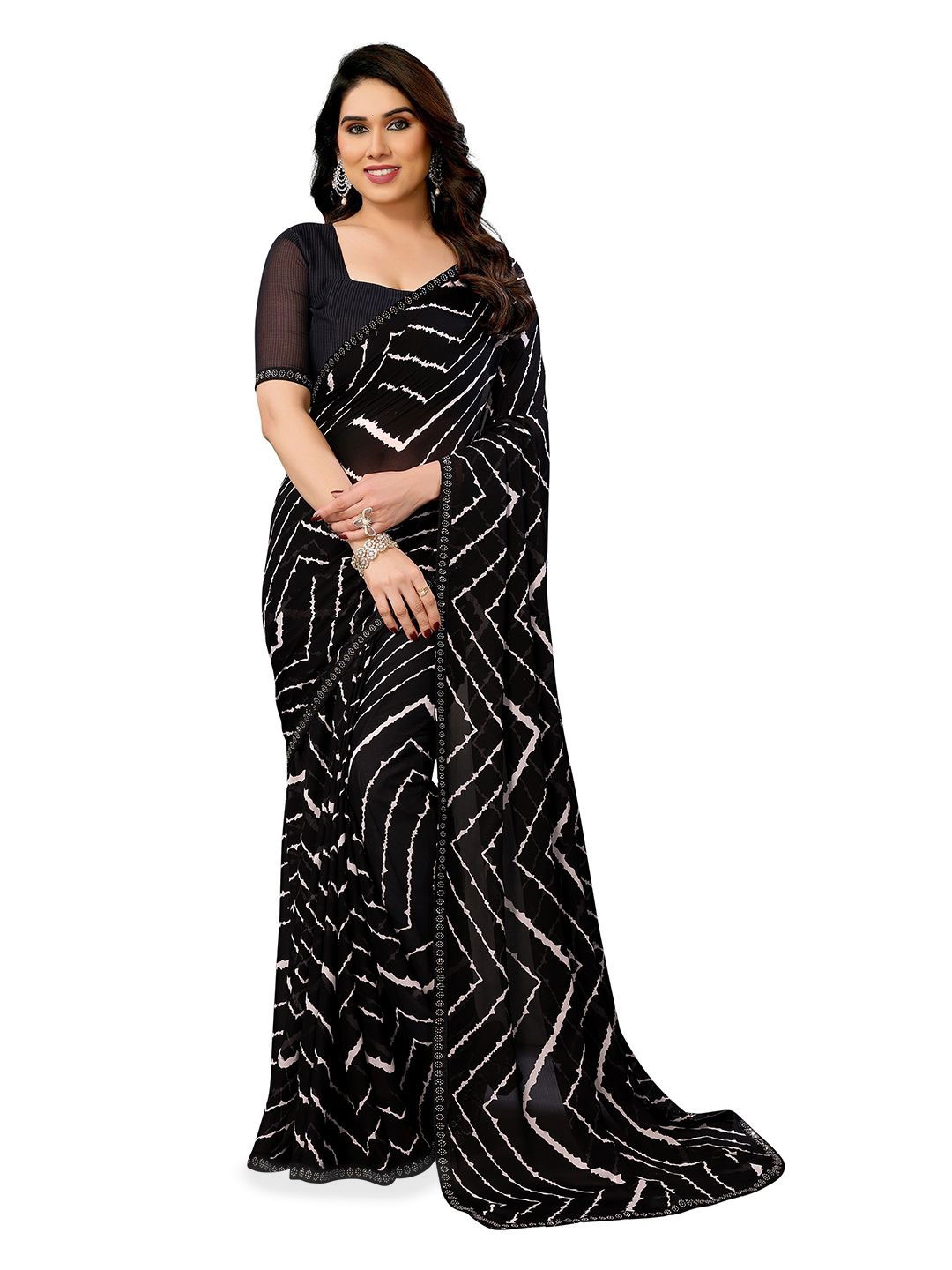 

Moda Rapido Striped Printed Saree, Black