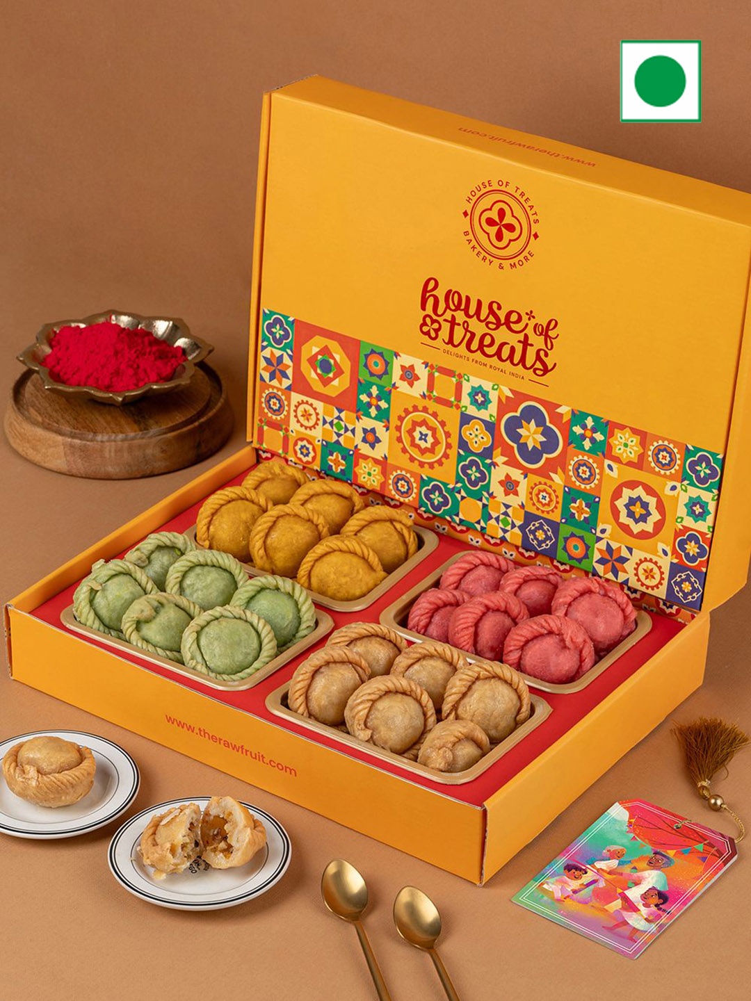 

RawFruit Chandrakala Sweets - 200 g Each With Gulal - 100 g, Yellow