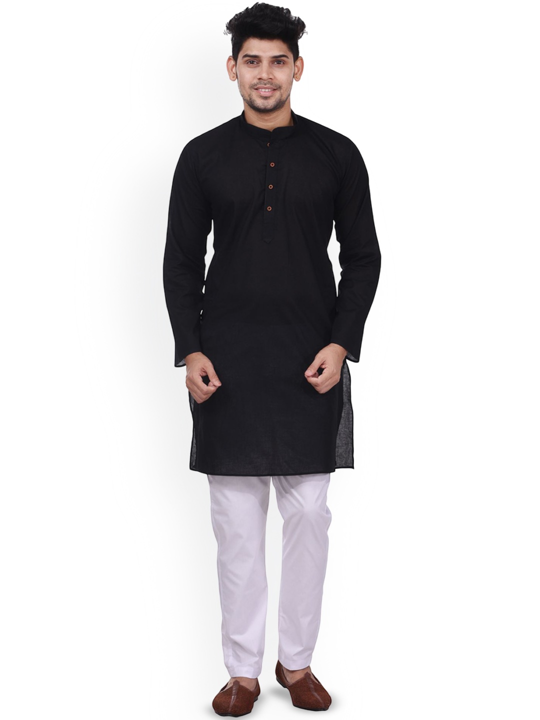 

HAMSAFAR Pure Cotton Mandarin Collar Straight Kurta, Black