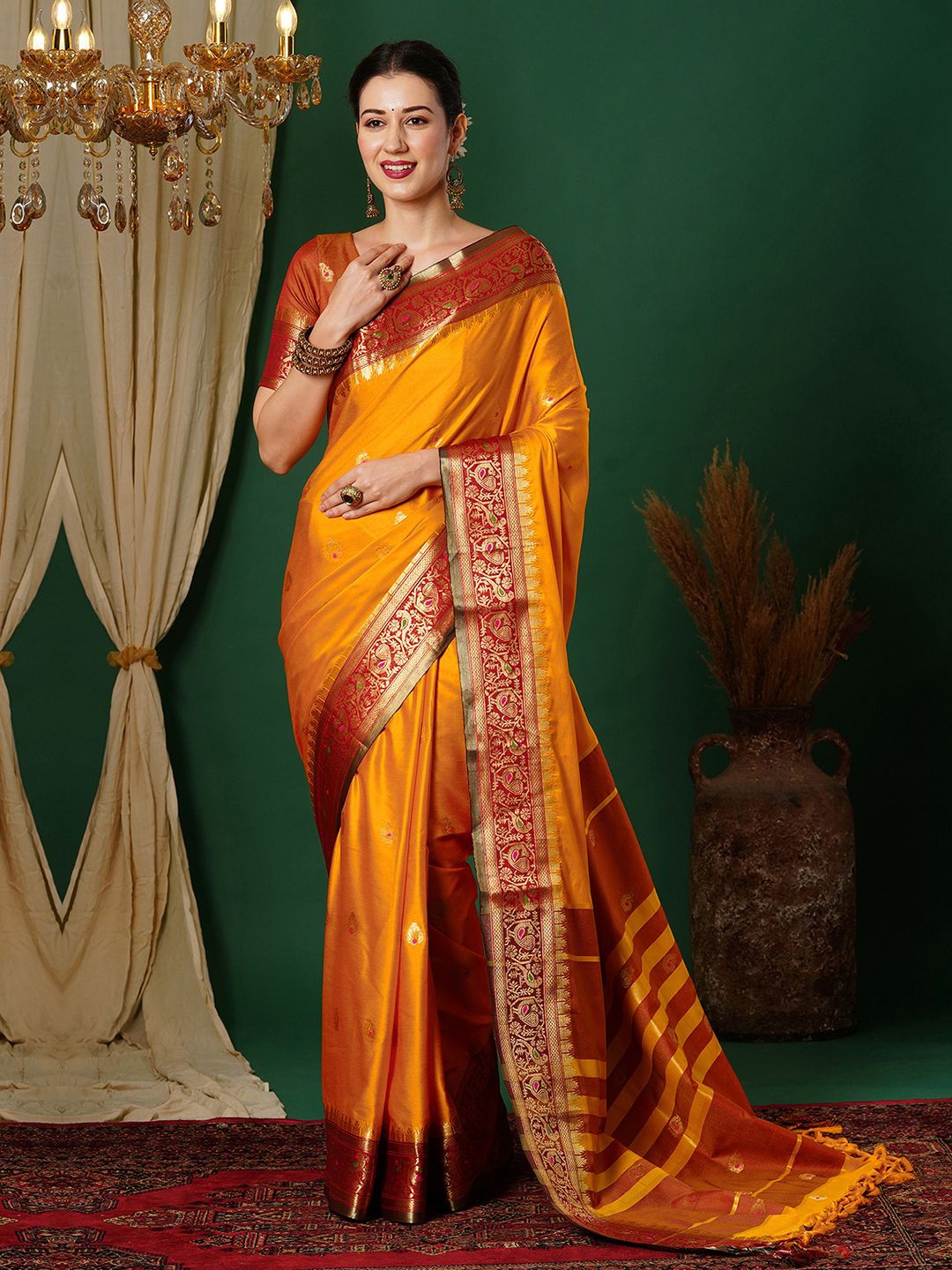 

Sangria Woven Design Pure Silk Saree With Border, Yellow