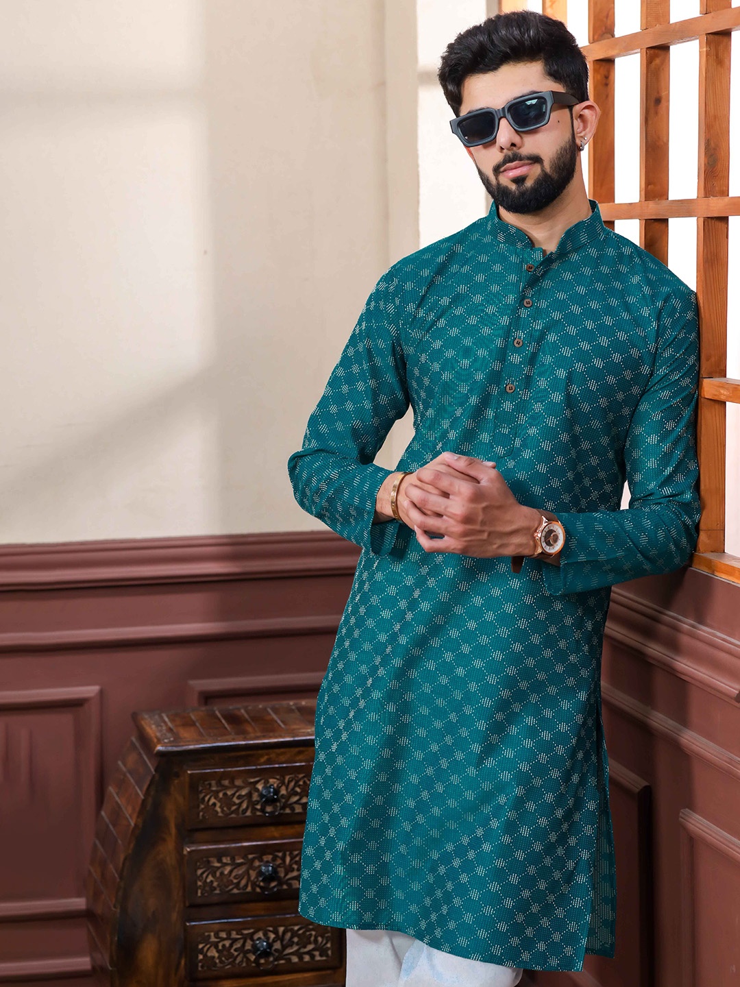 

Koshin eometric Printed Pure Cotton Straight Kurta with Pyjamas, Teal