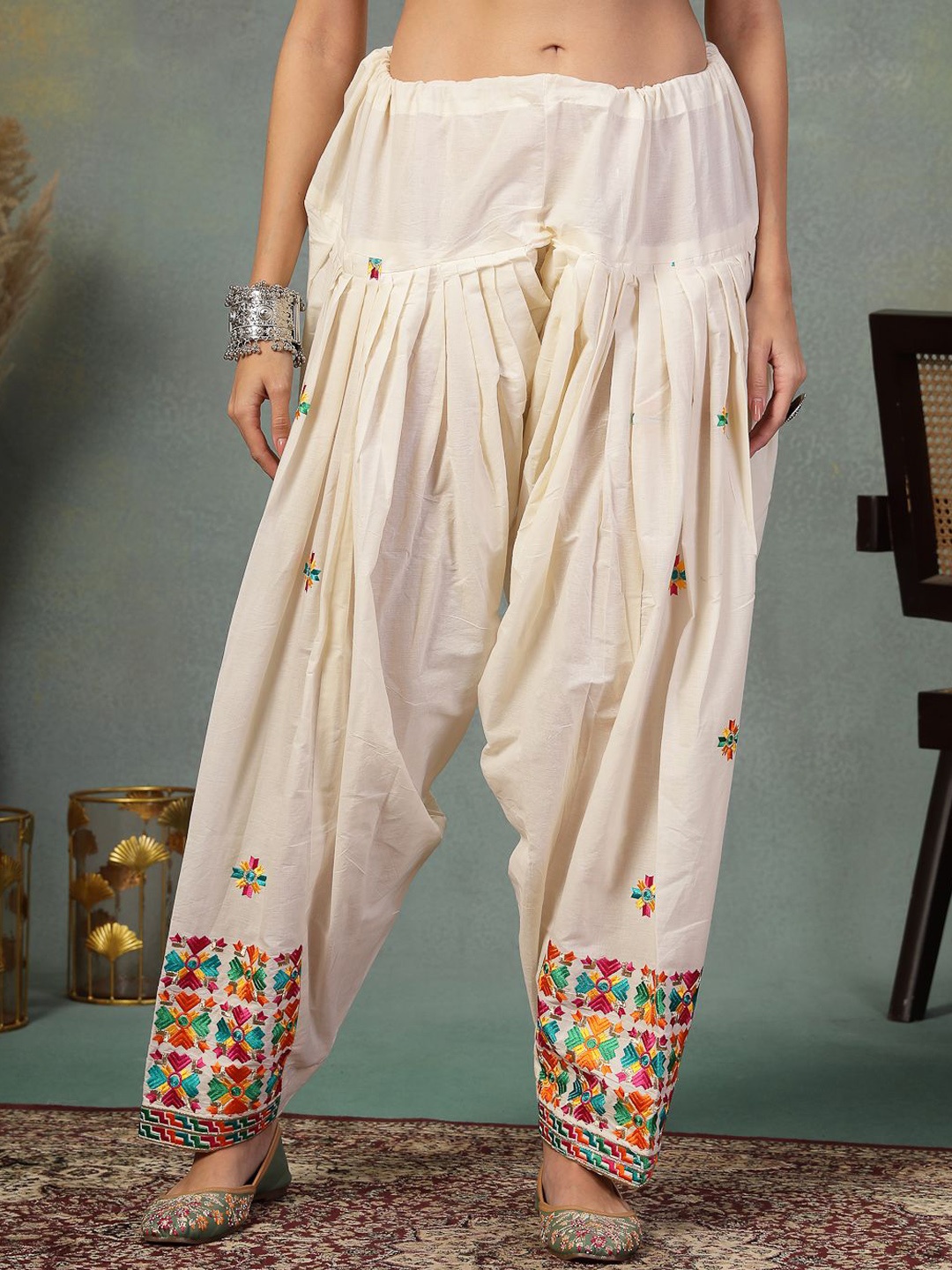 

Clora Creation Women Embroidered Phulkari Loose Fit Cotton Salwar, Off white