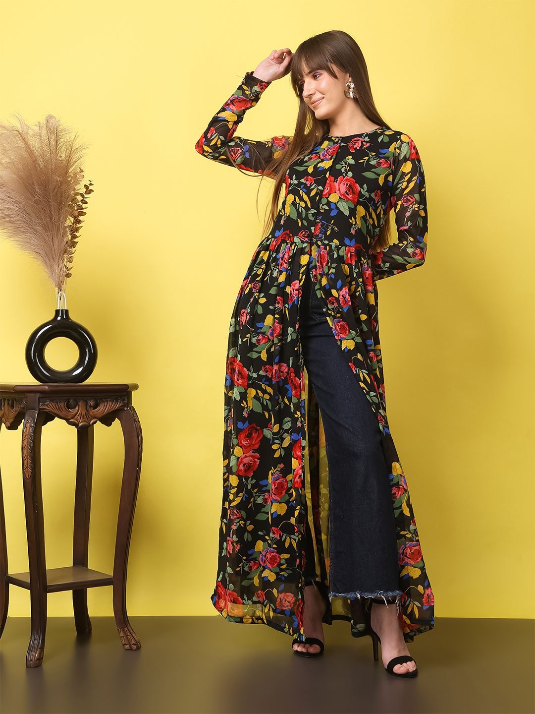 

Moda Rapido Women Floral Printed High Slit Georgette A-Line Kurta, Black