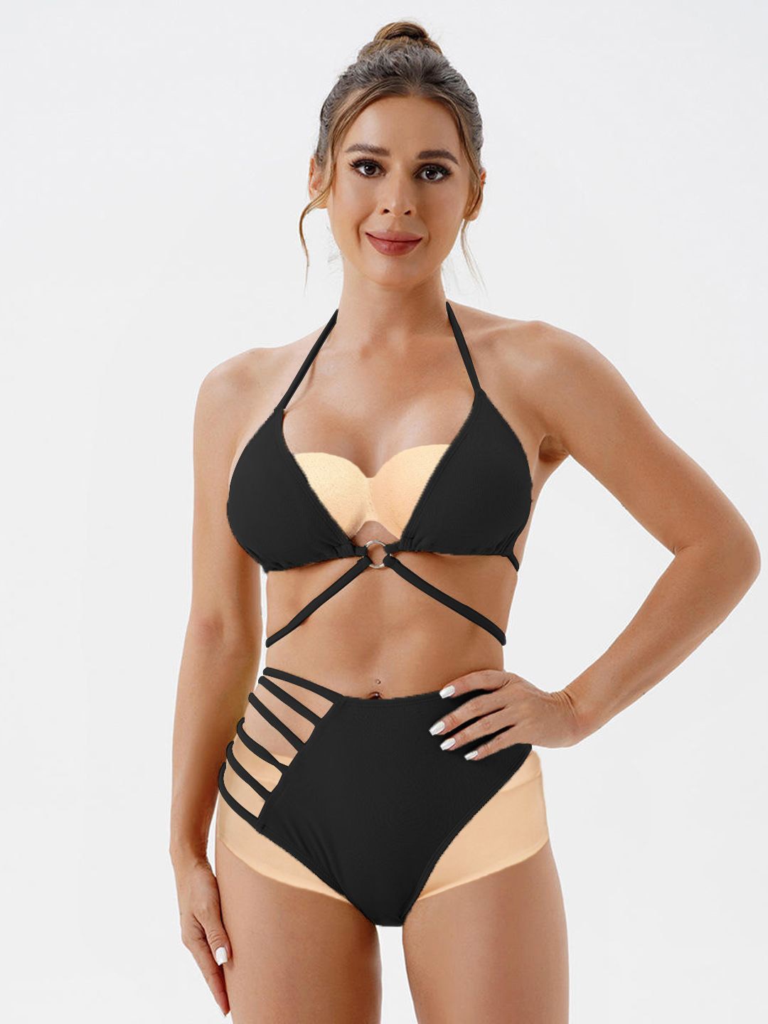 

KRENOZ Halter Neck Swim Bikini Set, Black