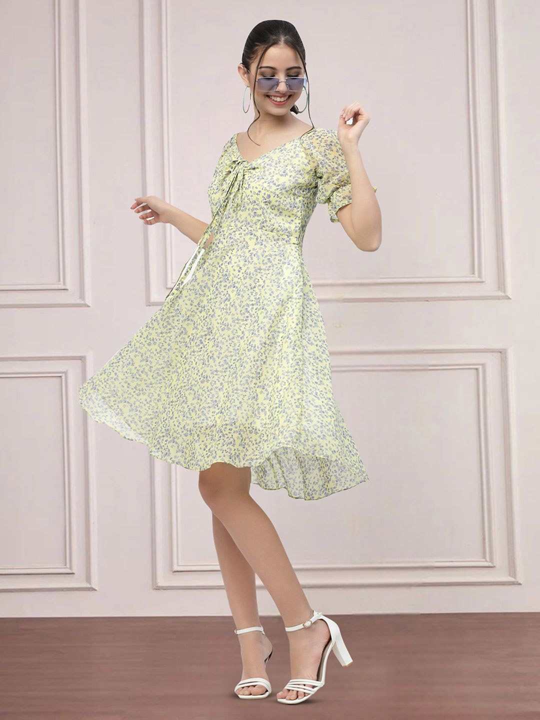 

Moda Rapido Floral Print Tie-Up Neck Applique Fit & Flare Dress, Yellow