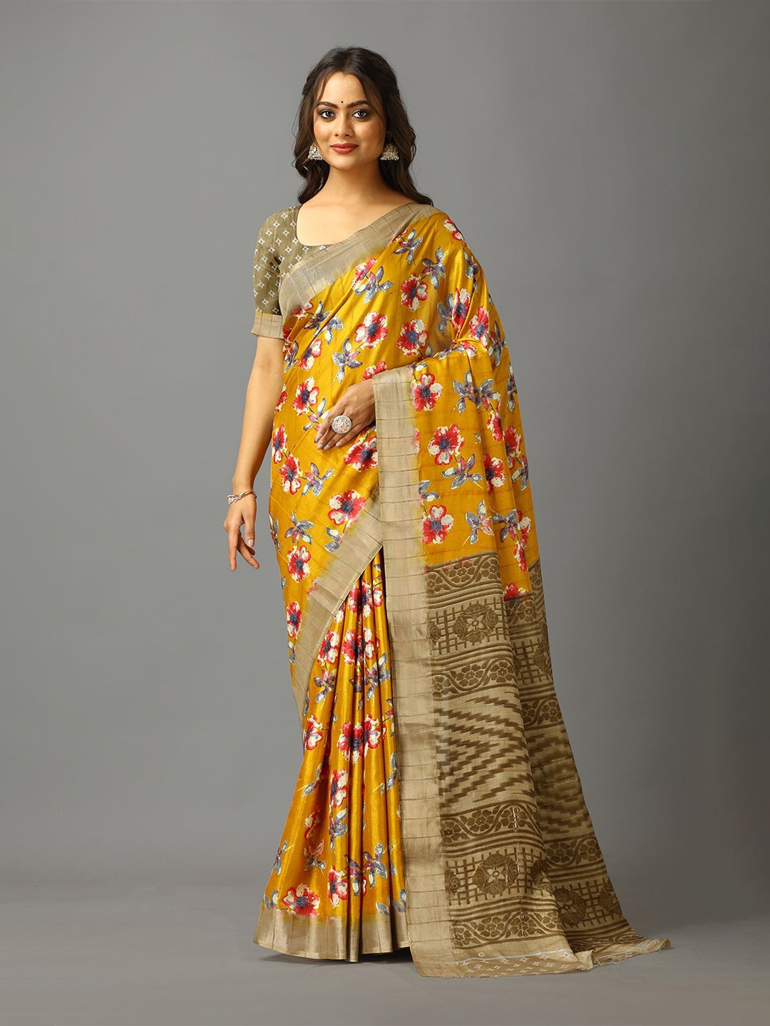 

A.V.M. SILK MILLS Floral Saree, Yellow
