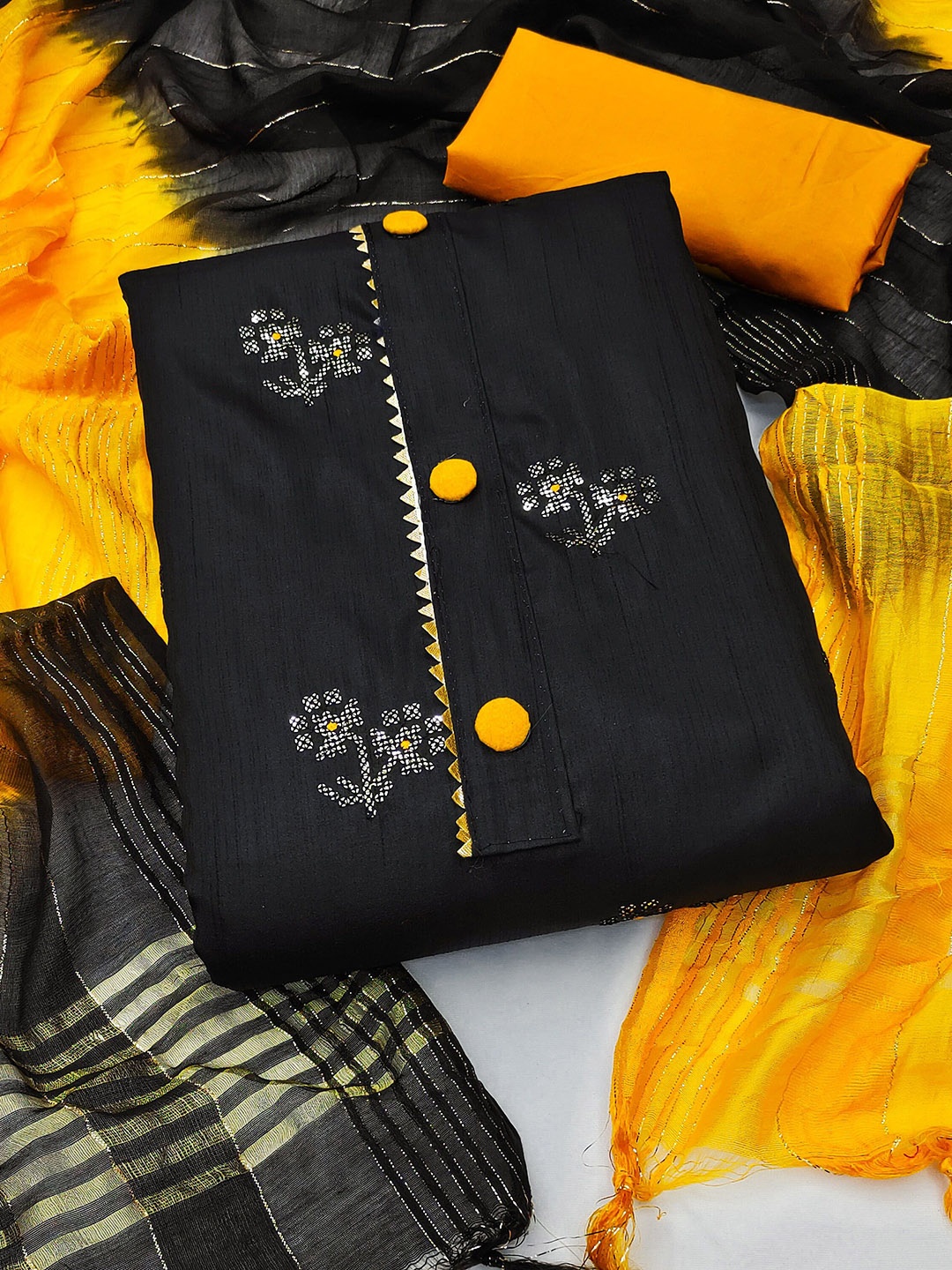 

SAINOOR Floral Embroidered Sequinned Pure Silk Unstitched Dress Material, Black
