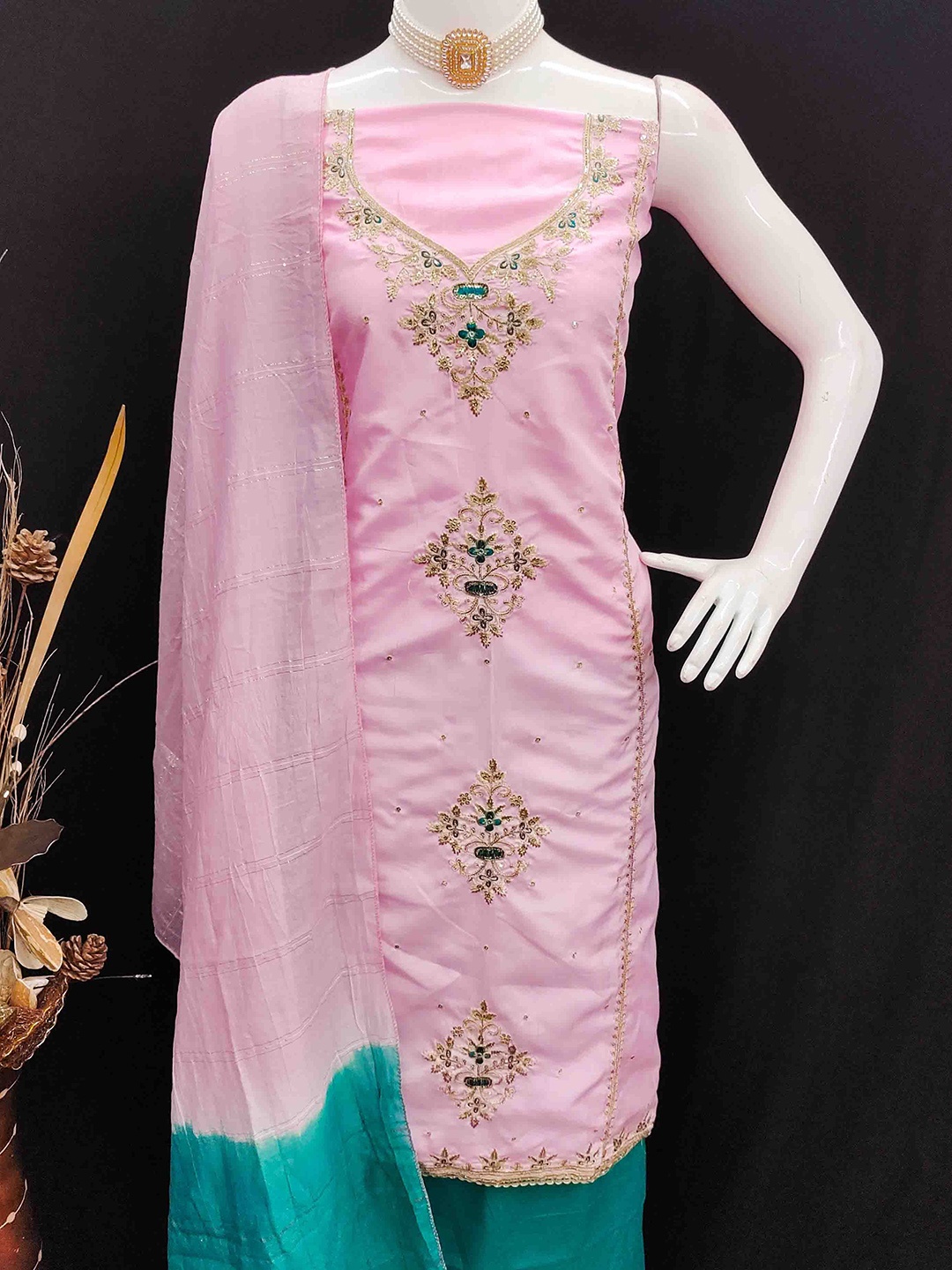 

KALINI Embroidered Unstitched Dress Material, Pink