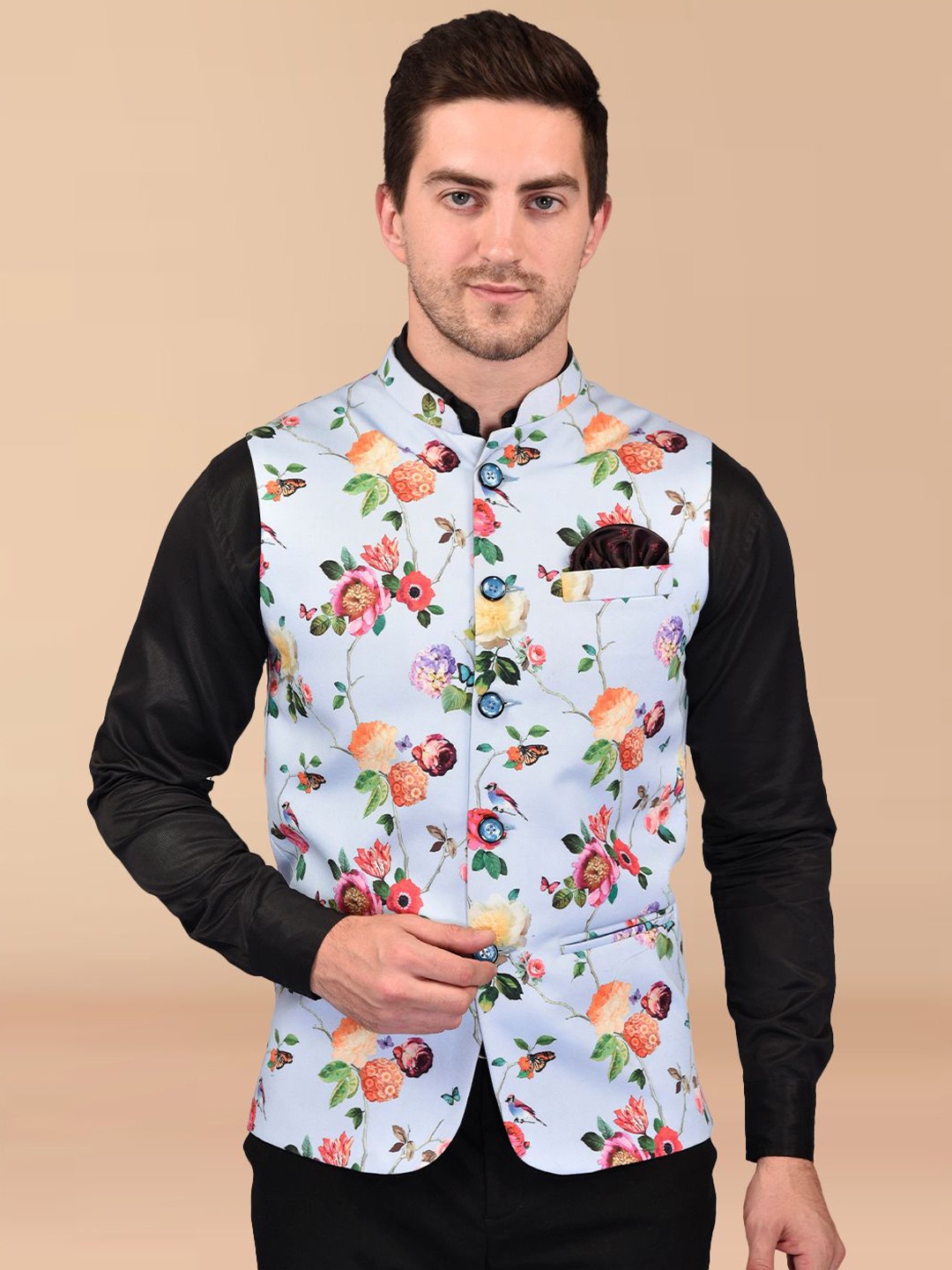 

Moda Rapido Men Printed Mandarin Collar Woven Nehru Jacket, Blue