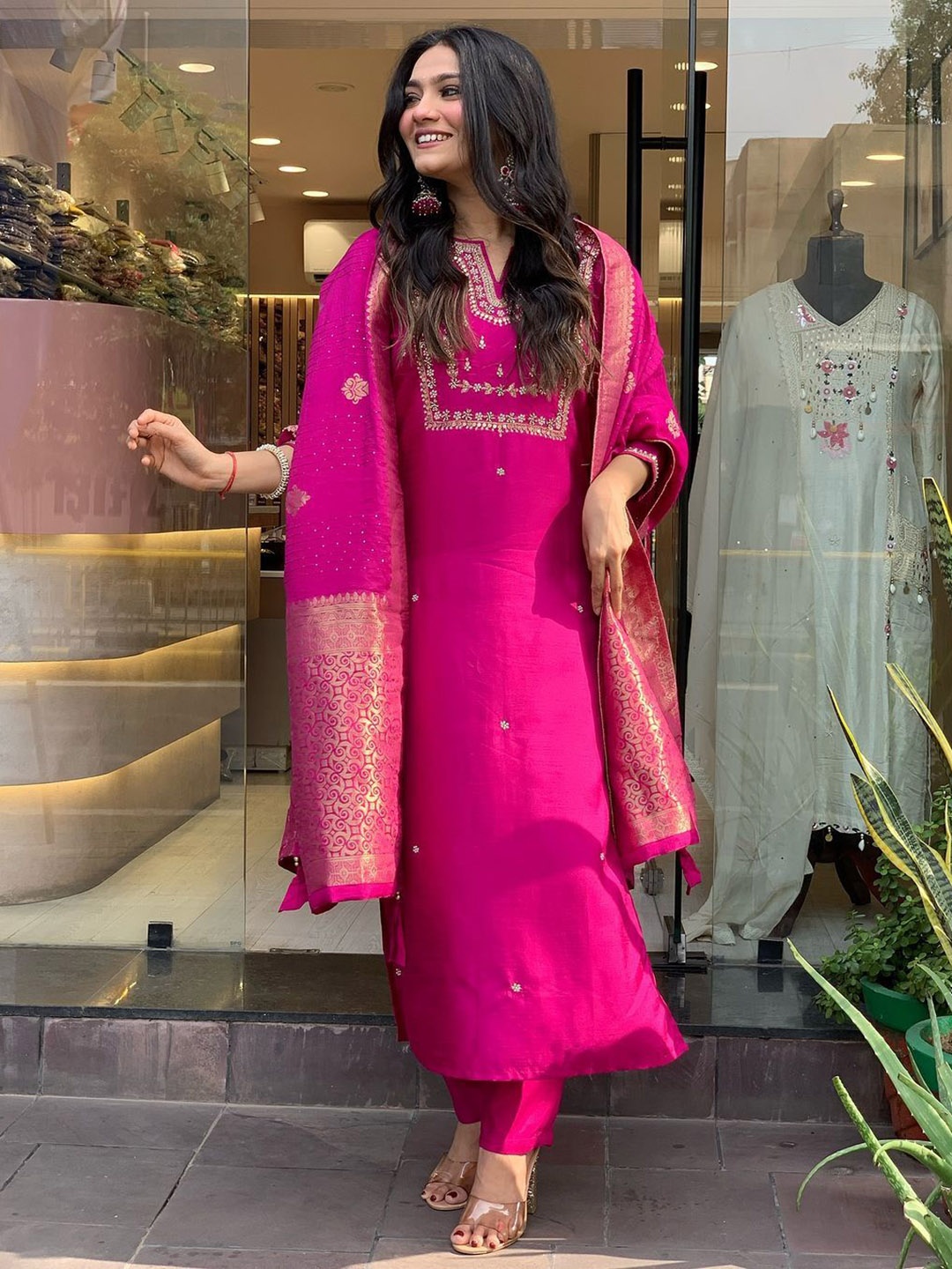 

NIRMAL CREATION Embroidered Stones & Beads Work Pure Cotton Kurta With Trousers & Dupatta, Pink