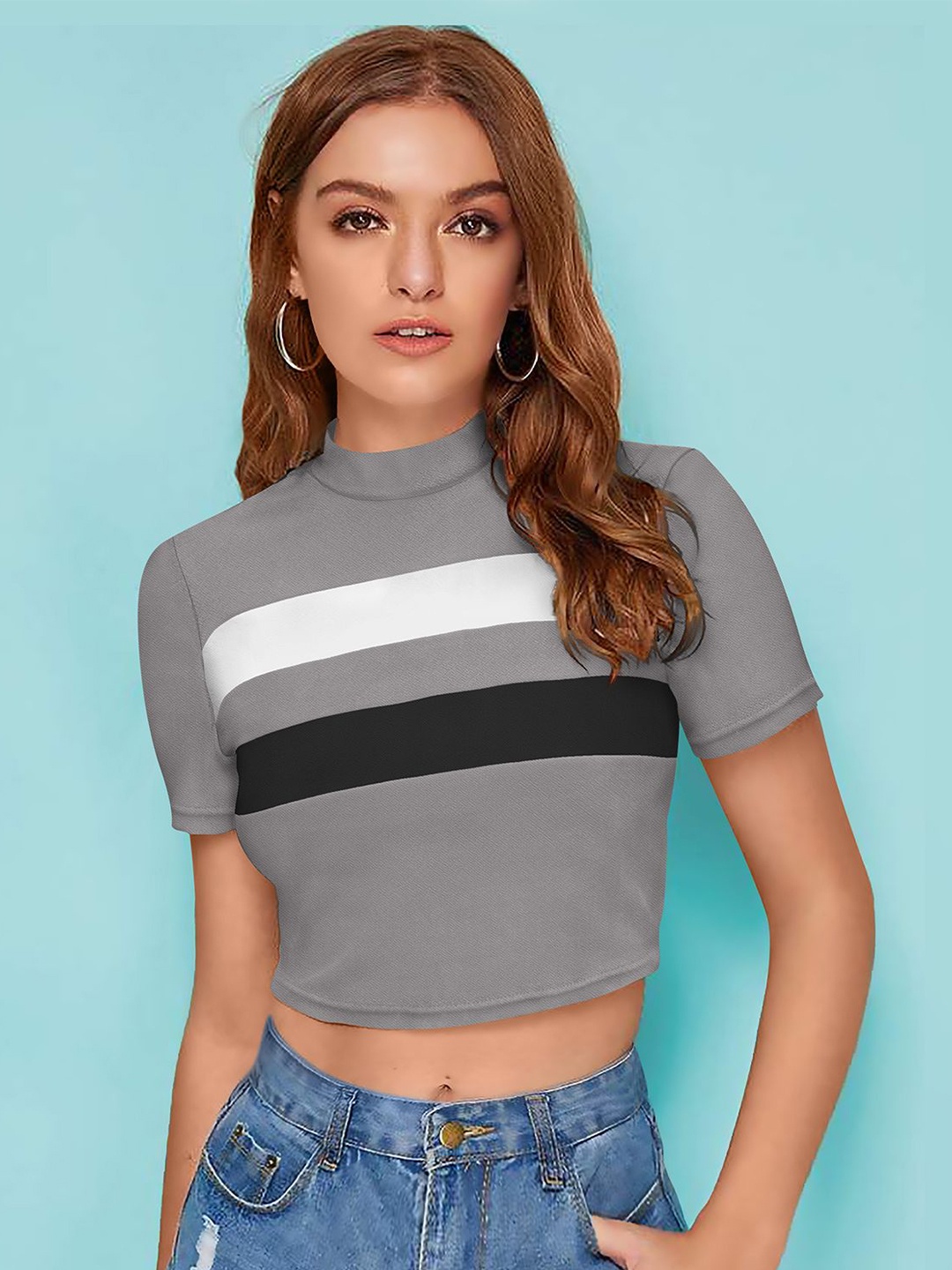 

CORSICA Women Striped Fitted Crop Top, Grey
