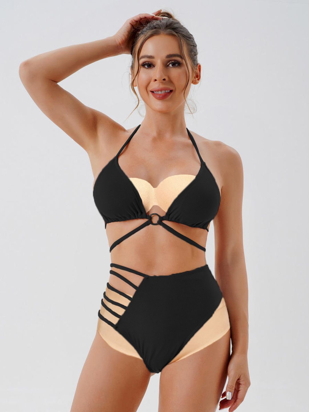 

FIMBUL Self Design Halter Neck Triangle Side Panty Bikini Set, Black