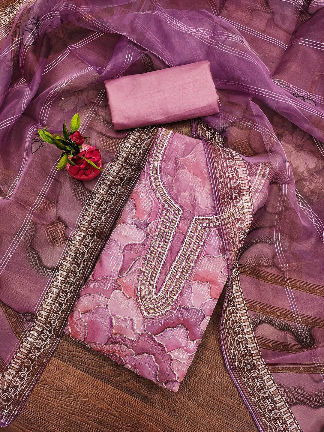 

SAINOOR Floral Embroidered Beads And Stones Organza Semi-Stitched Dress Material, Lavender