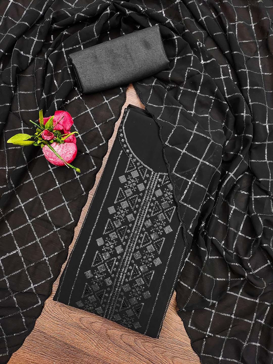 

SAINOOR Geometric Embroiderd Sequinned Georgette Semi-Stitched Dress Material, Black
