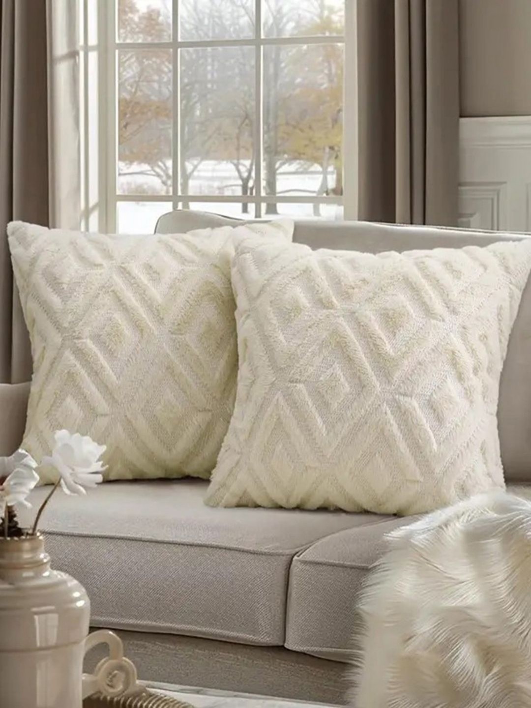 

DecorTwist White Textured Cotton Soft Throw Square Cushion Cover