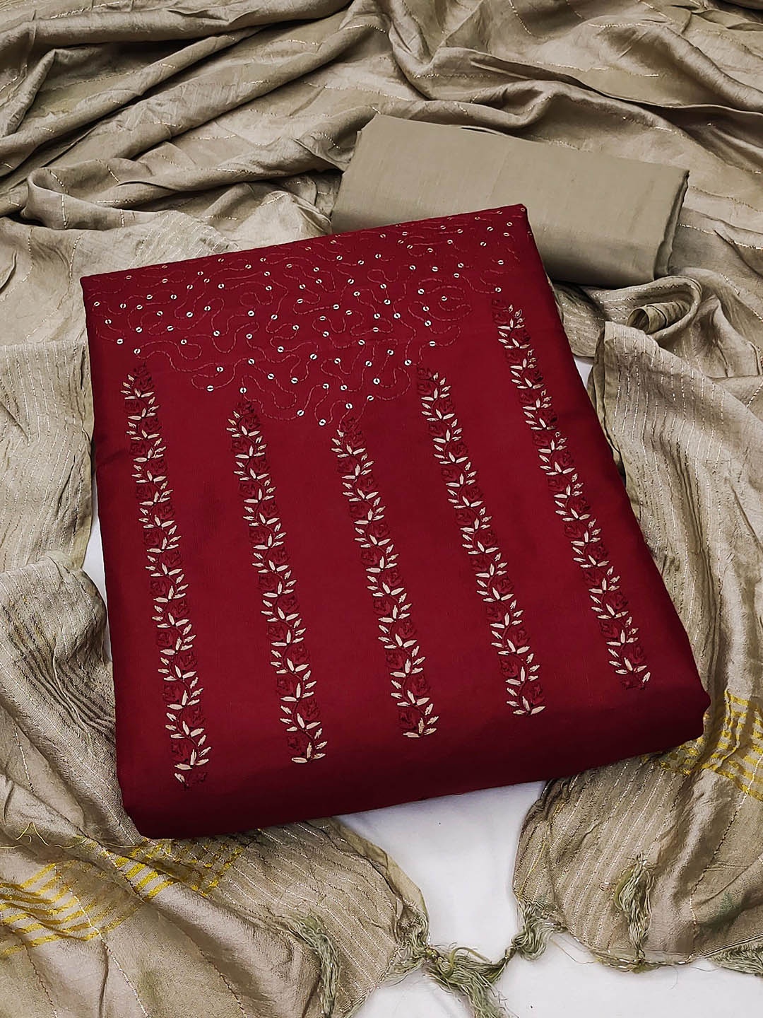 

SAINOOR Embroidered Pure Cotton Unstitched Dress Material, Maroon