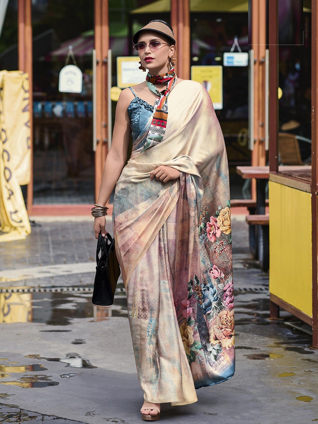 

MAHALASA Floral Printed Crepe Saree With Unstitched Blouse Piece, Beige