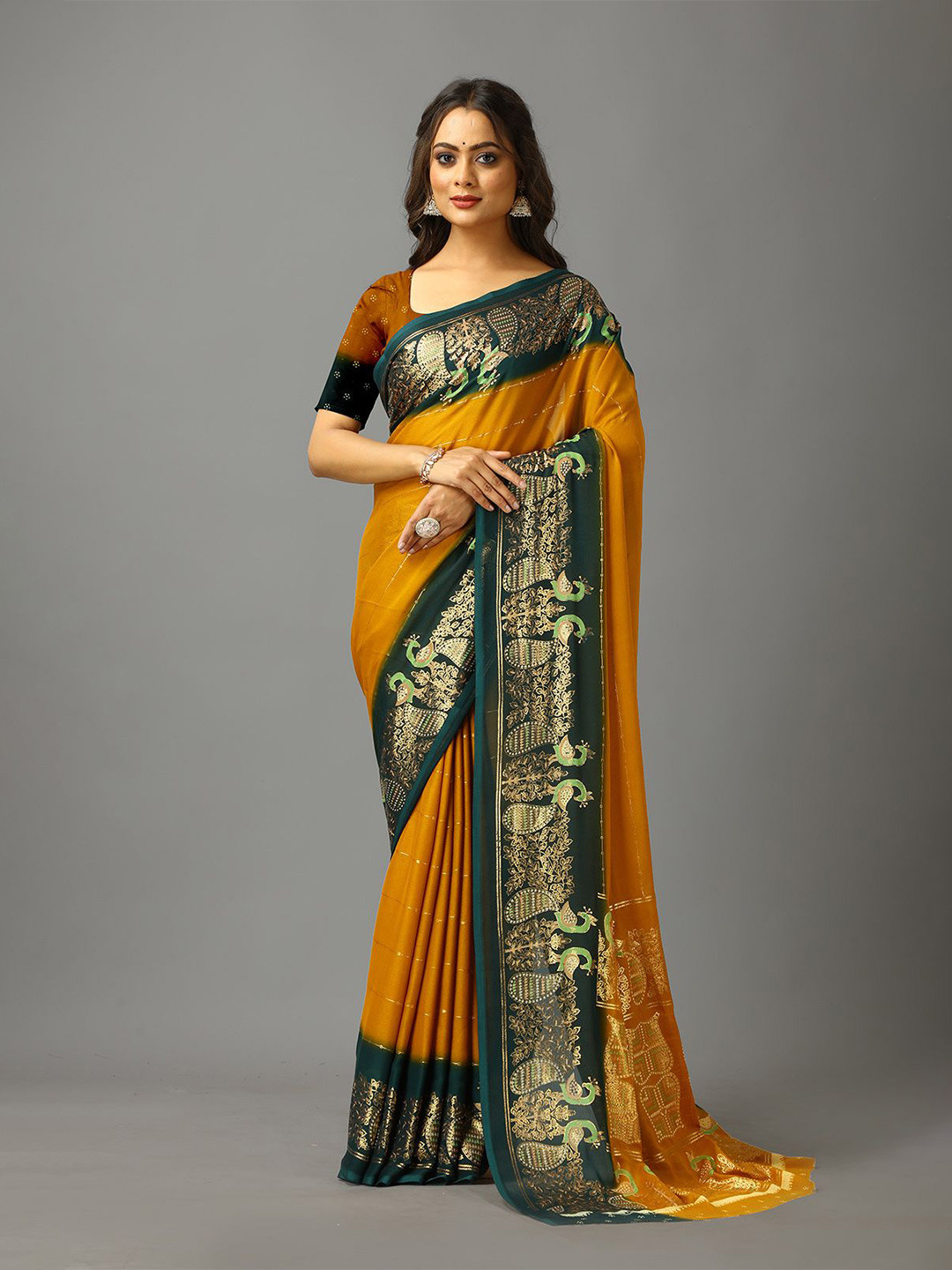 

VIRENDRA TEXTILES Floral Pure Crepe Saree, Yellow