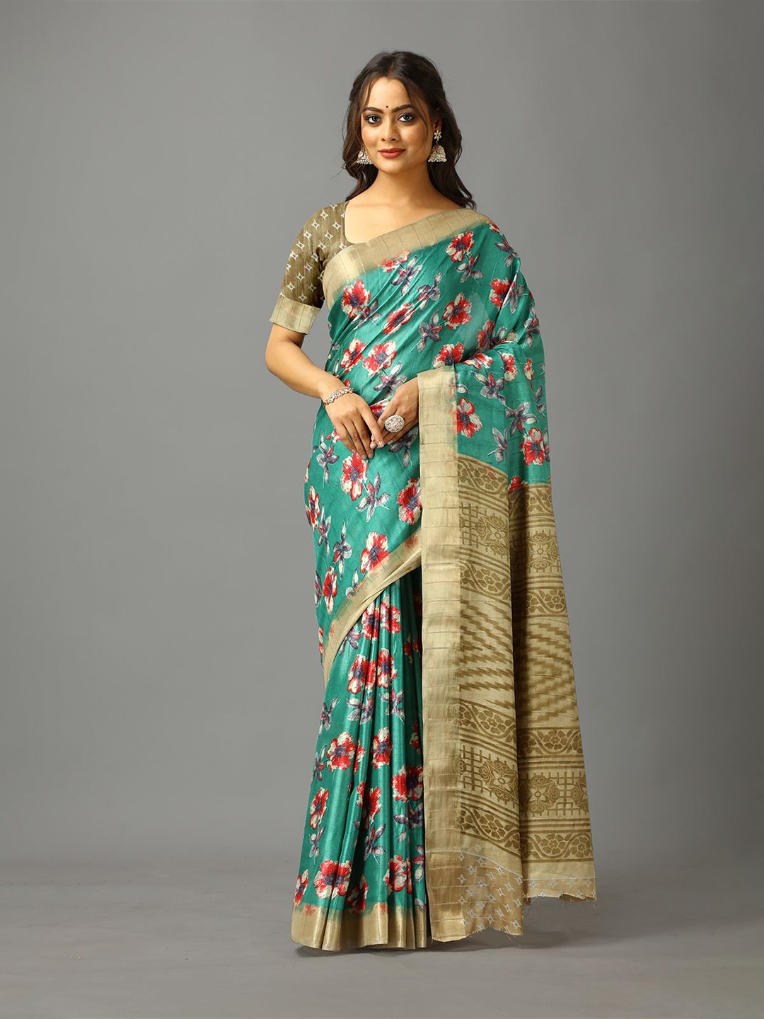 

A.V.M. SILK MILLS Floral Saree, Turquoise blue
