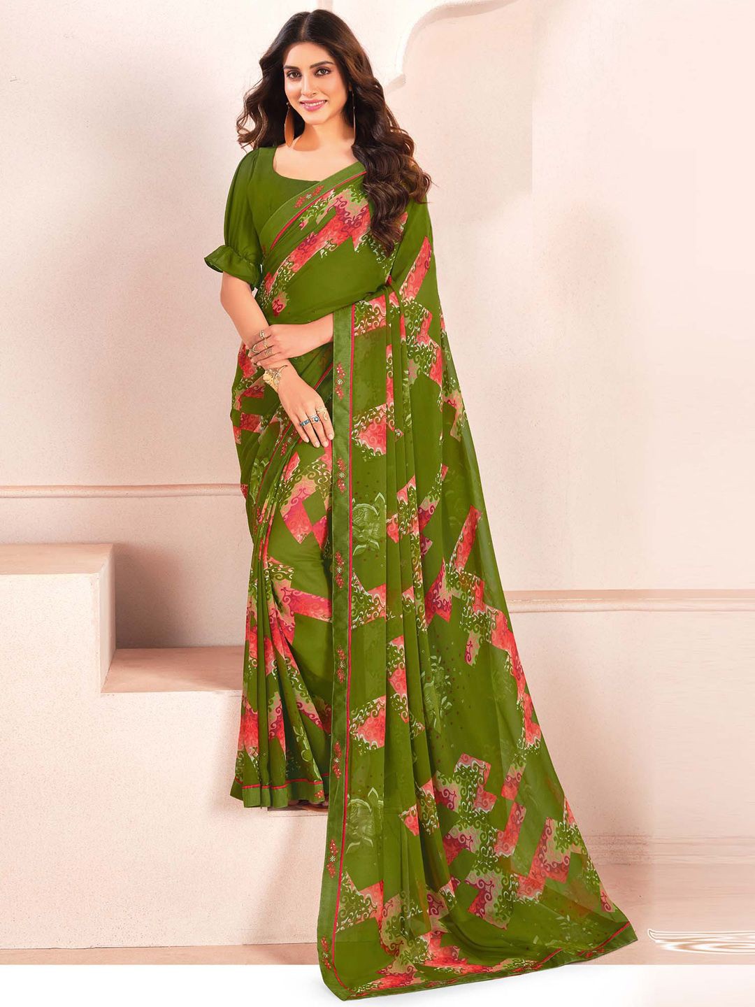 

Saree mall Ethnic Motifs Printed Sarees, Olive