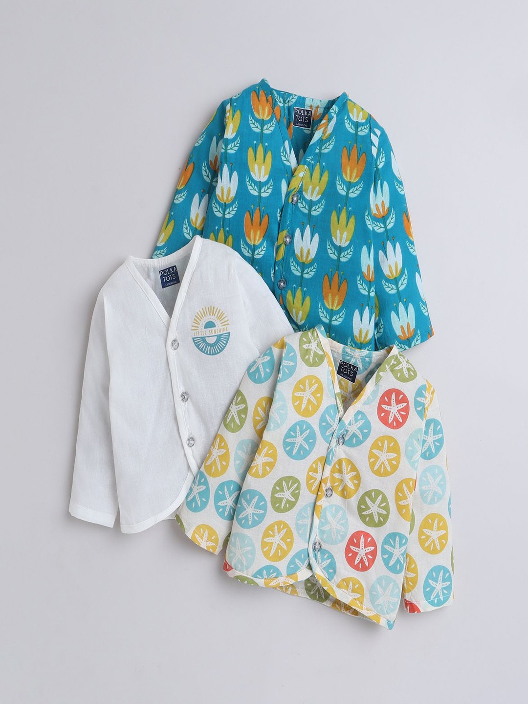 

Polka Tots Infants Pack Of 3 Printed Cotton Jhabla PTFV-10229, White