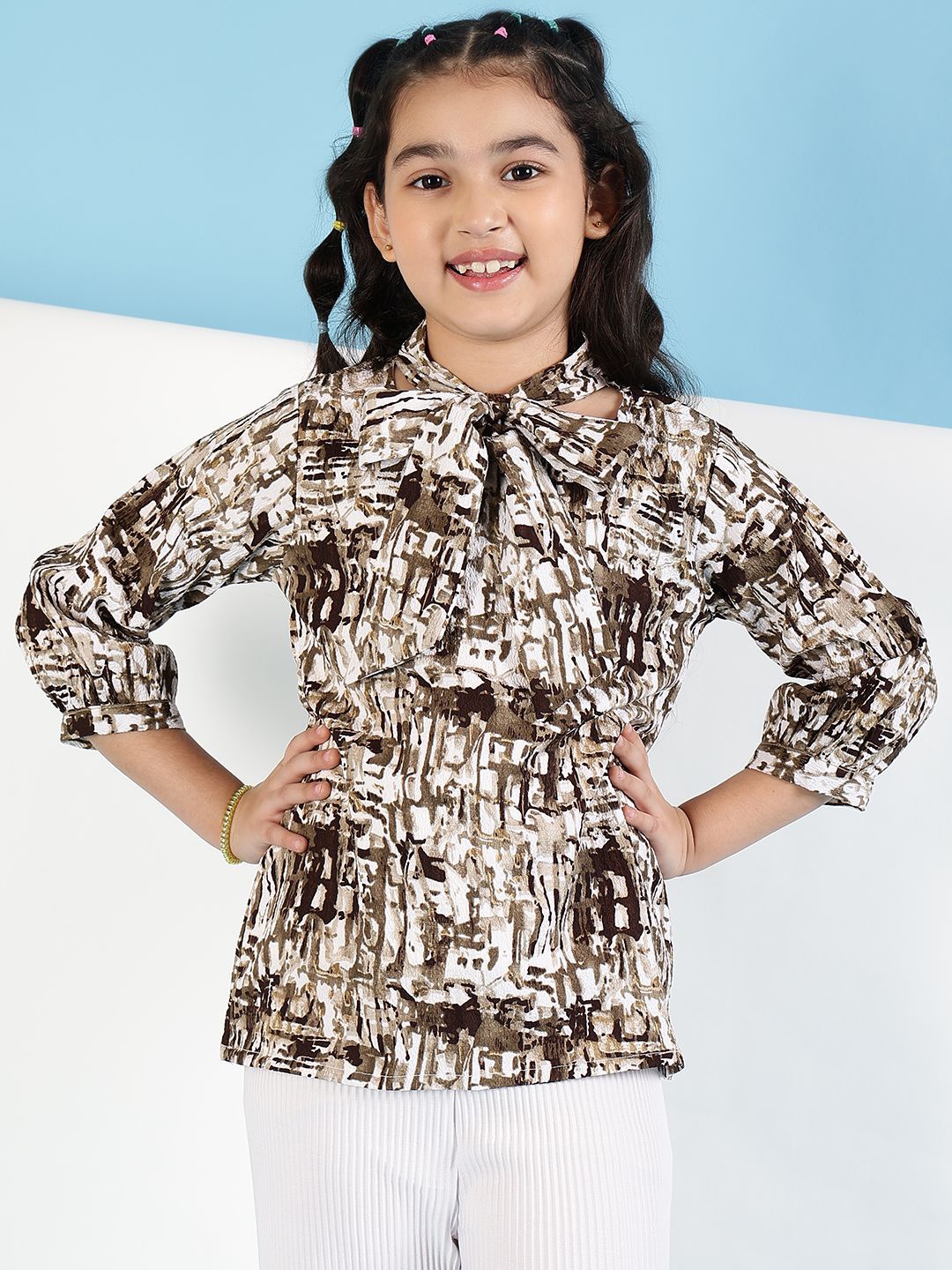 

Miss & Chief Girls Tie-Up Neck Cuffed Sleeve Top, Olive