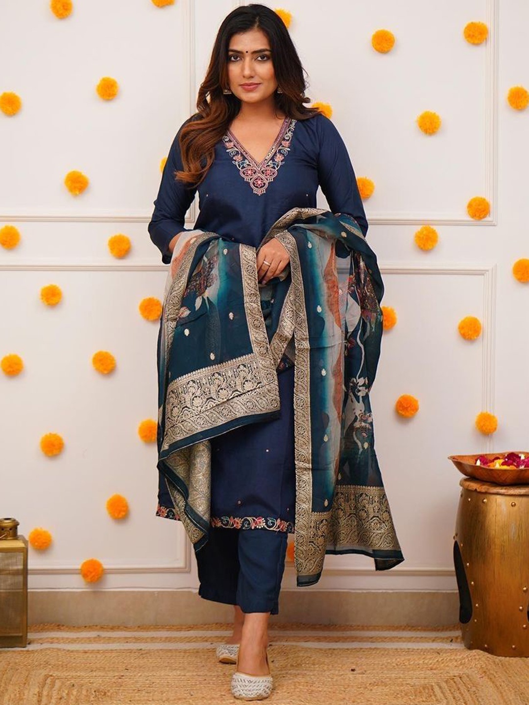 

ZEEPKART Ethnic Motifs Embroidered V-Neck Beads And Stones Kurta With Trouser & Dupatta, Turquoise blue