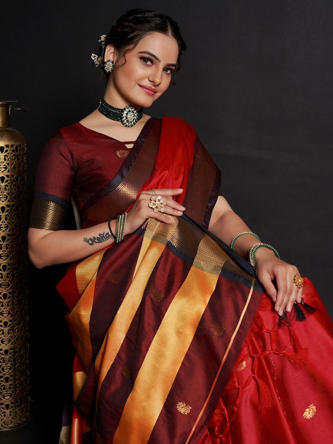 

yourwish Ethnic Motifs Zari Silk Cotton Ikat Saree, Red