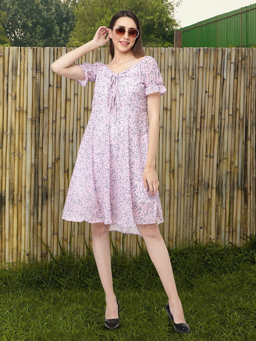 

Moda Rapido Floral Print Tie-Up Neck Applique Fit & Flare Dress, Pink