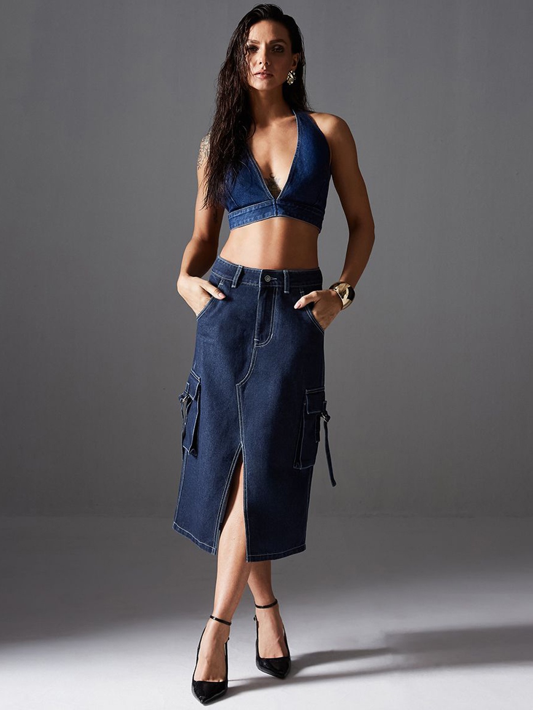 

Miss Chase Women Denim High Rise Clean Look Straight Cargo Midi Skirt, Navy blue