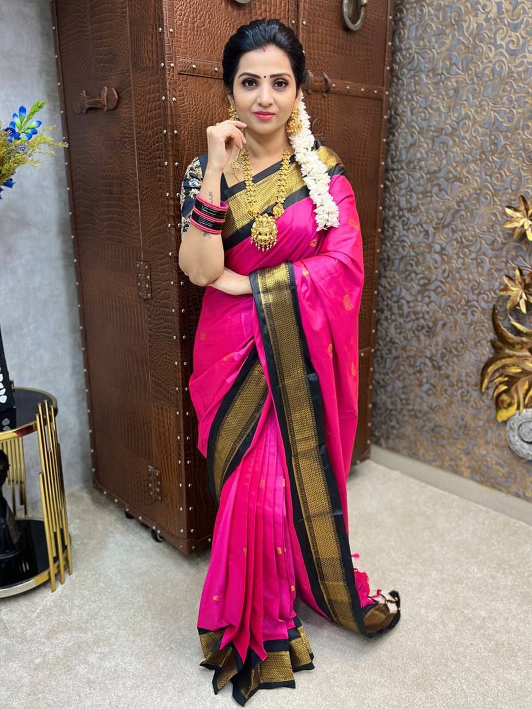 

yourwish Woven Design Zari Silk Cotton Mysore Silk Saree, Pink