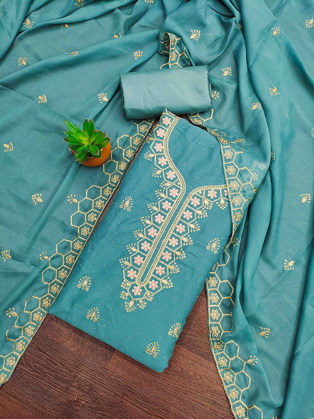 

KALINI Embroidered Unstitched Dress Material, Turquoise blue