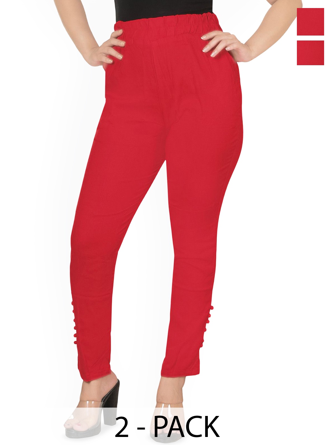 

Fessist Pack of 2 Women Relaxed Slim Fit Easy Wash Pleated Trousers, Red