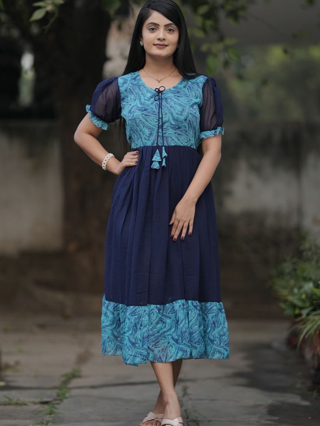 

KALINI Print Puff Sleeve Fit & Flare Midi Dress, Blue