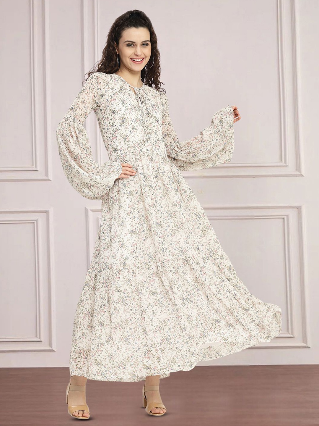 

Moda Rapido Floral Print Tie-Up Neck Applique Fit & Flare Dress, White
