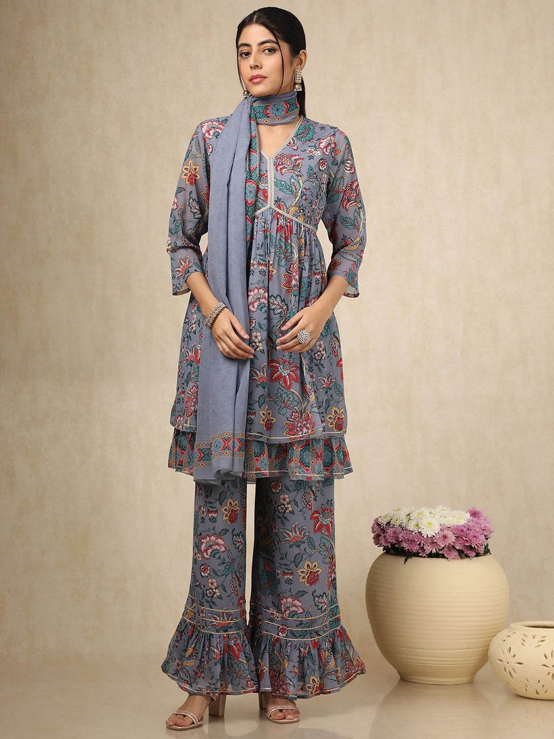 

Soch Women Floral Printed Angrakha Thread Work Kurta with Palazzos & With Dupatta, Grey