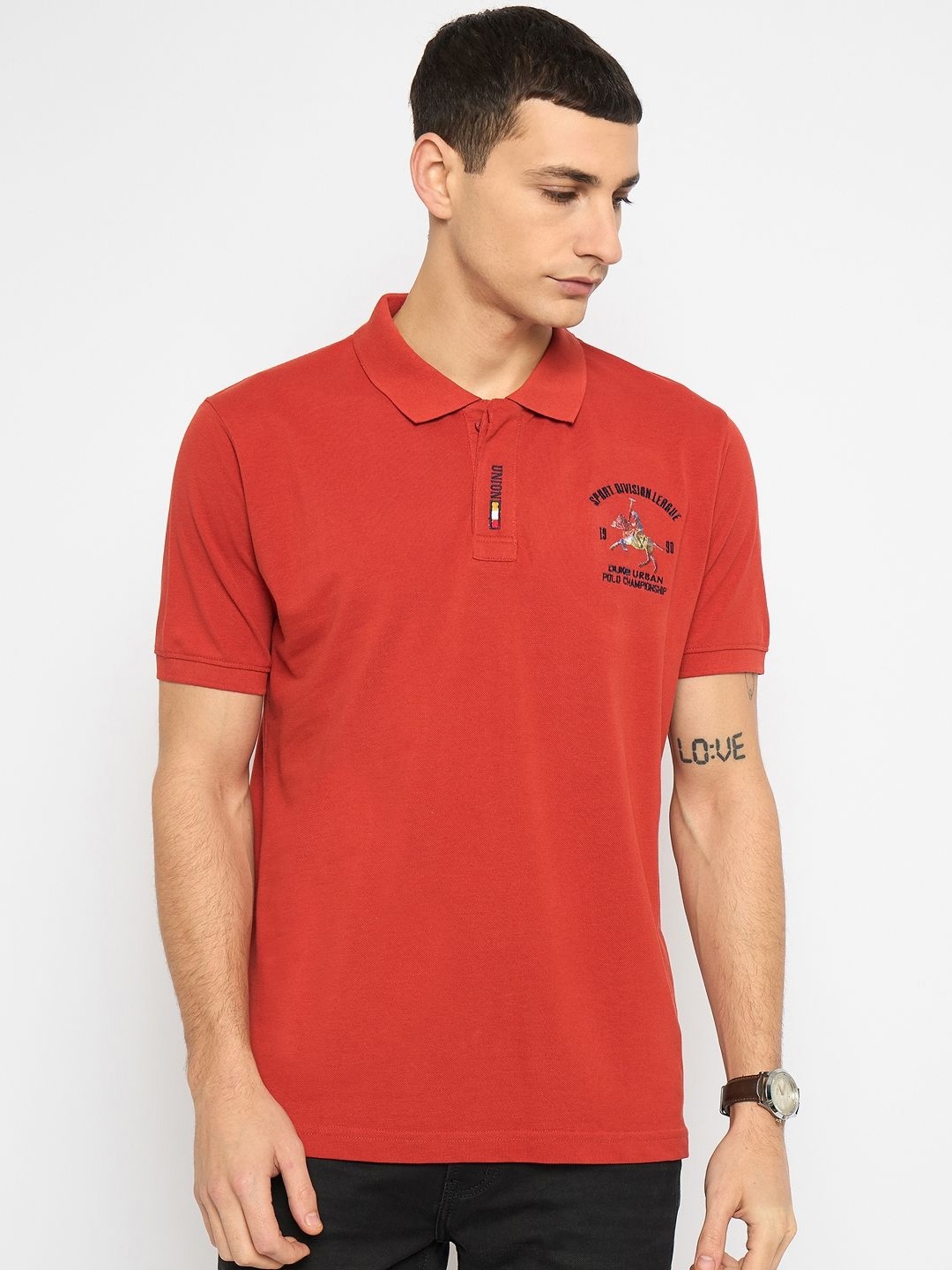 

Duke Men Typography Polo Collar Applique Slim Fit T-shirt, Red