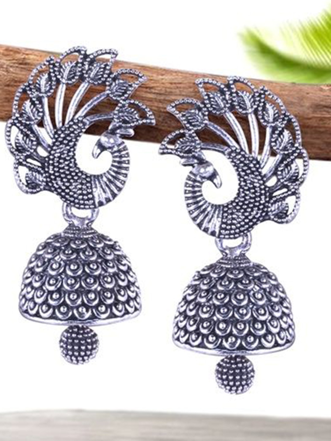 

DIVASTRI Set Of 5 Silver-Plated Peacock Shaped Oxidised Jhumkas