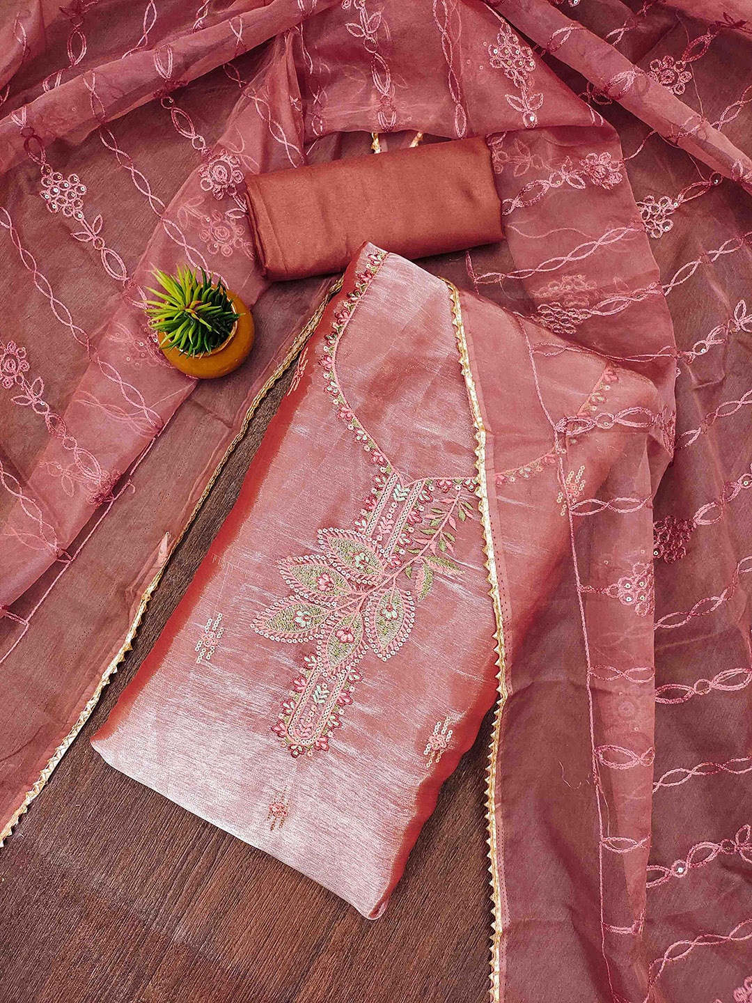 

KALINI Embroidered Silk Chiffon Unstitched Dress Material, Rust