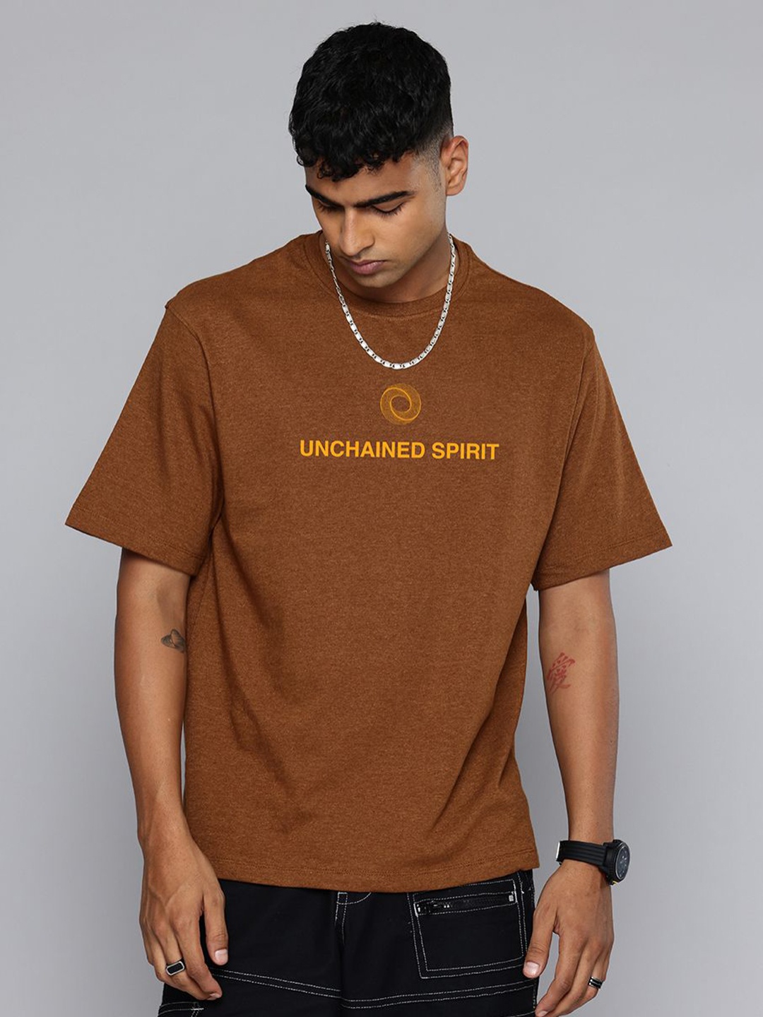 

R.Code by The Roadster Lifestyle Co. Men Printed Cotton Relaxed Fit T-shirt, Mustard