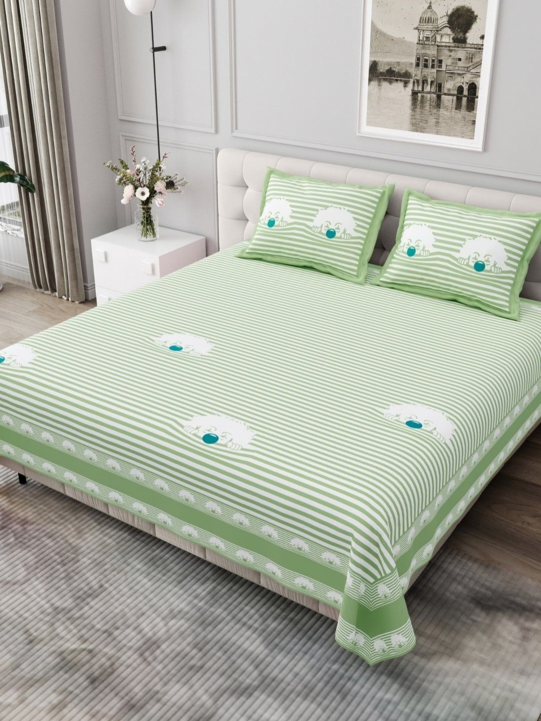 

JAIPUR FABRIC Green & White Striped Cotton 254 TC King Bedsheet Set 2.74m x 2.28m