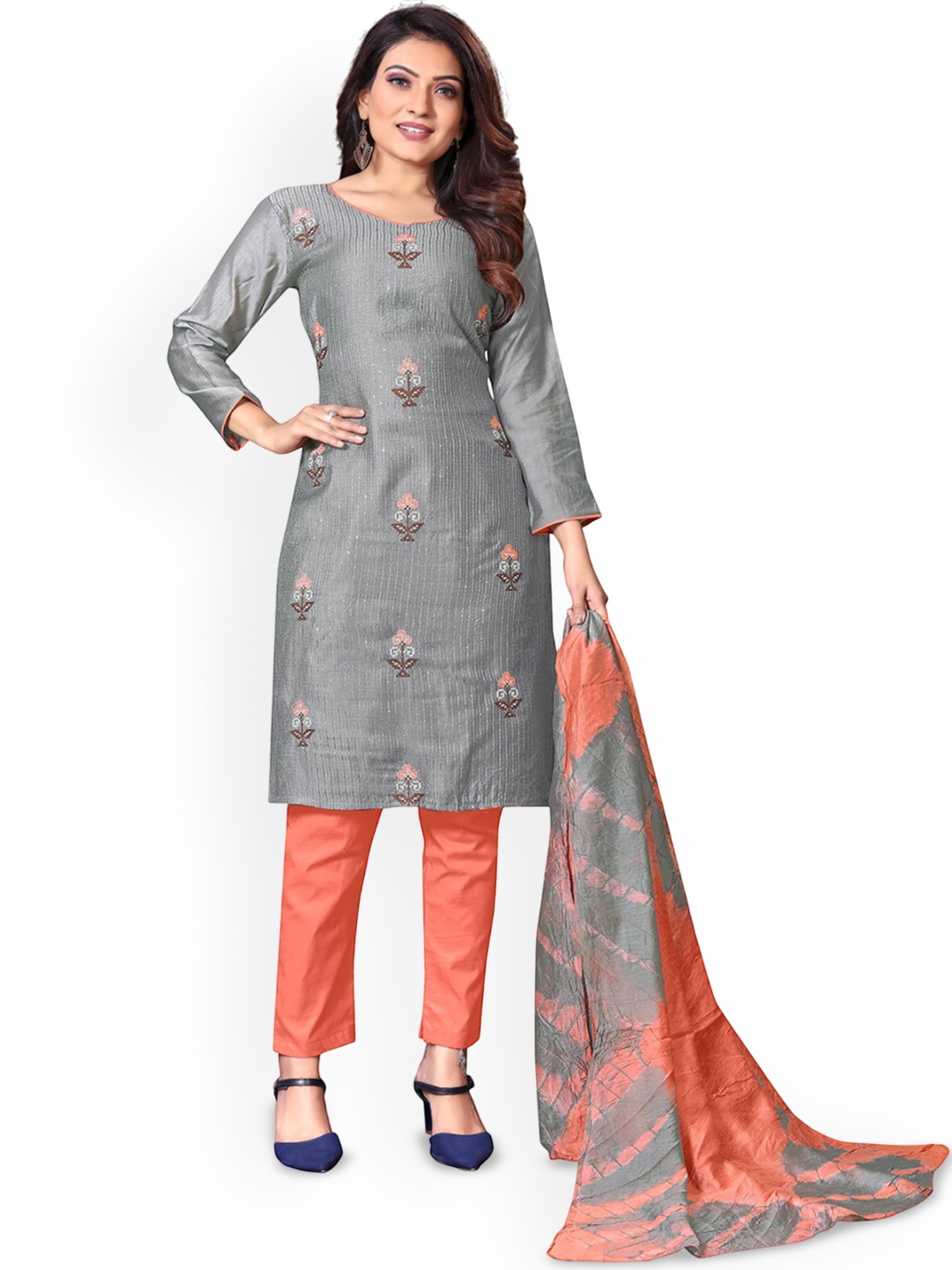 

SAINOOR Floral Zari Embroidered Pure Cotton Unstitched Dress Material, Grey