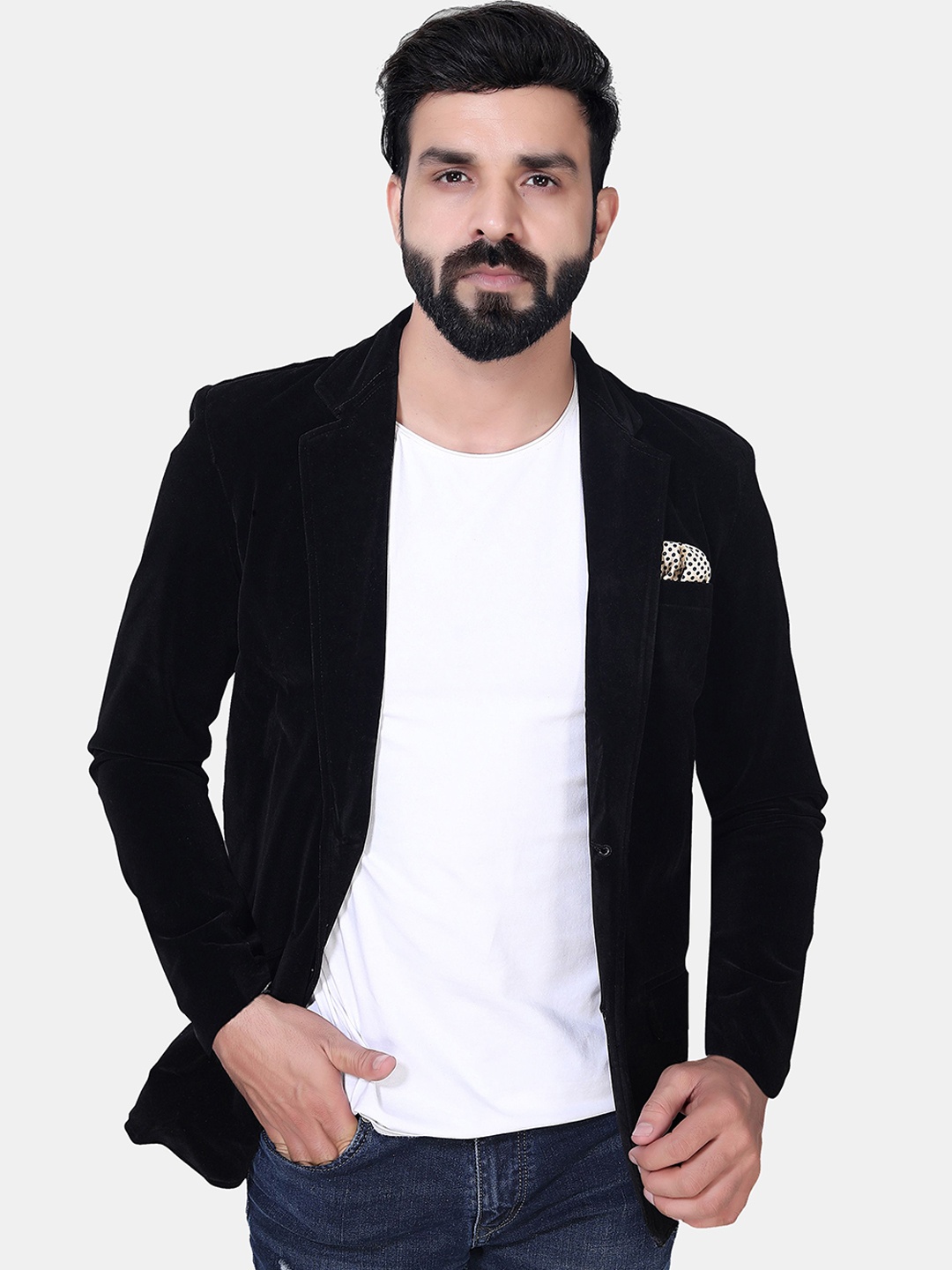 

Avaeta Notched Laple Collar Single-Breasted Velvet Blazer, Black