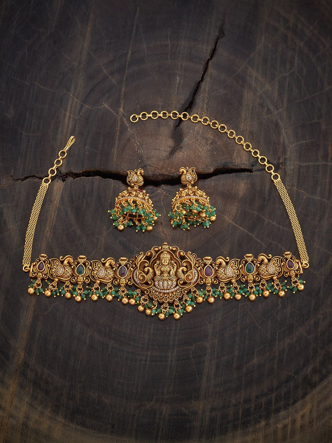 

Kushal's Fashion Jewellery Ruby Green Gold-Plated Ethnic Antique Jewellery Set