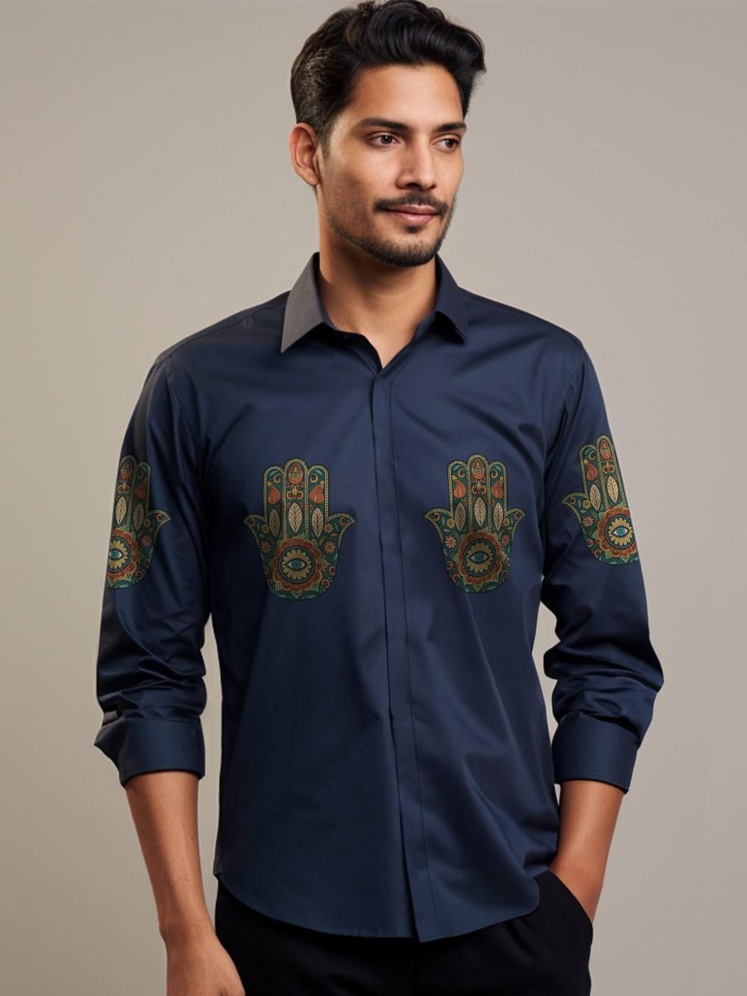 

HE SPOKE Men Smart Tailored Fit Opaque Printed Casual Shirt, Navy blue